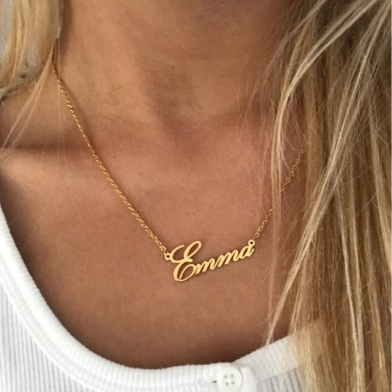 TaraStore🅣🅢 Customized Fashion Stainless Steel Name Necklace Personalized Letter Gold Color Choker Necklace Pendant Nameplate Gift