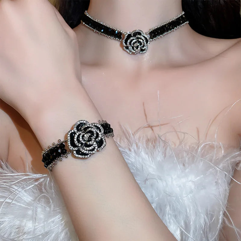 TaraStore🅣🅢 Crystal Flower Jewelry Suit Full Shiny Rhinestone Necklace
