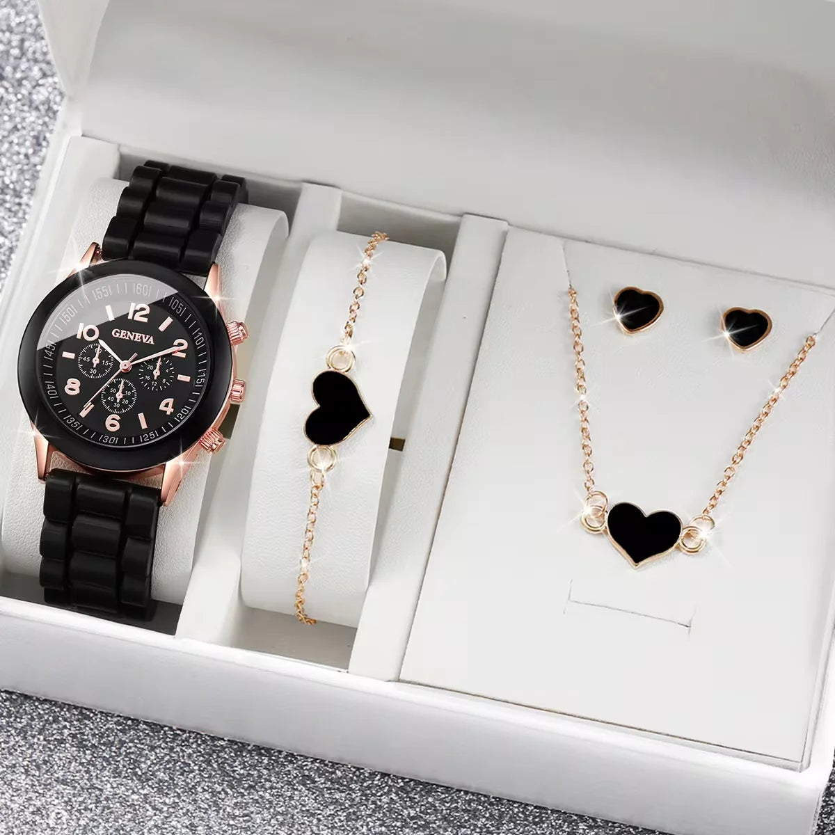 TaraStore🅣🅢 4pcs/set Womens Watches Fashion Analog Quartz Silicone Band Classic Ladies Calendar Wrist Watches for Women along with Heart Jewelry Set