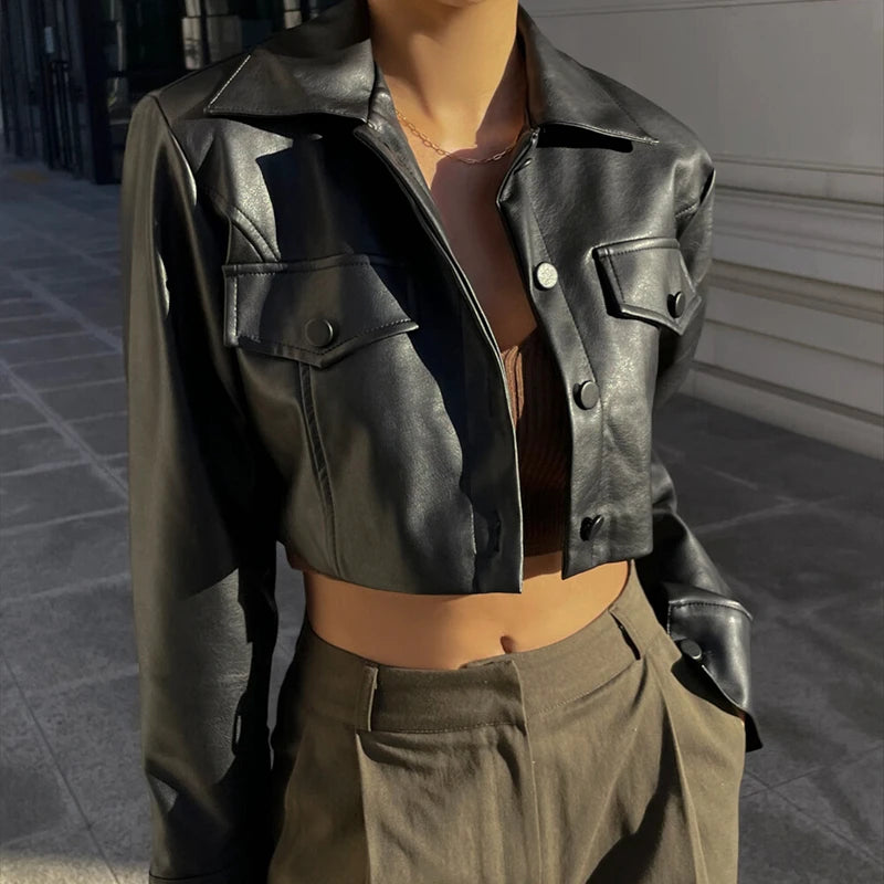 TaraStore🅣🅢 Autumn Faux Leather Short Jacket Turn-down Collar Fashion Casual Coats