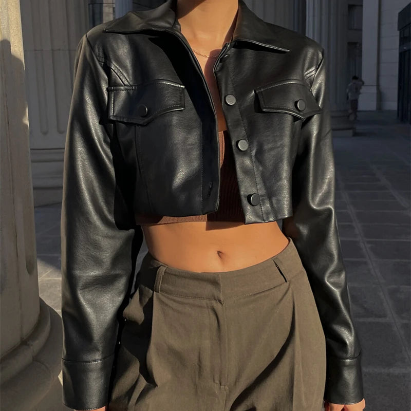 TaraStore🅣🅢 Autumn Faux Leather Short Jacket Turn-down Collar Fashion Casual Coats