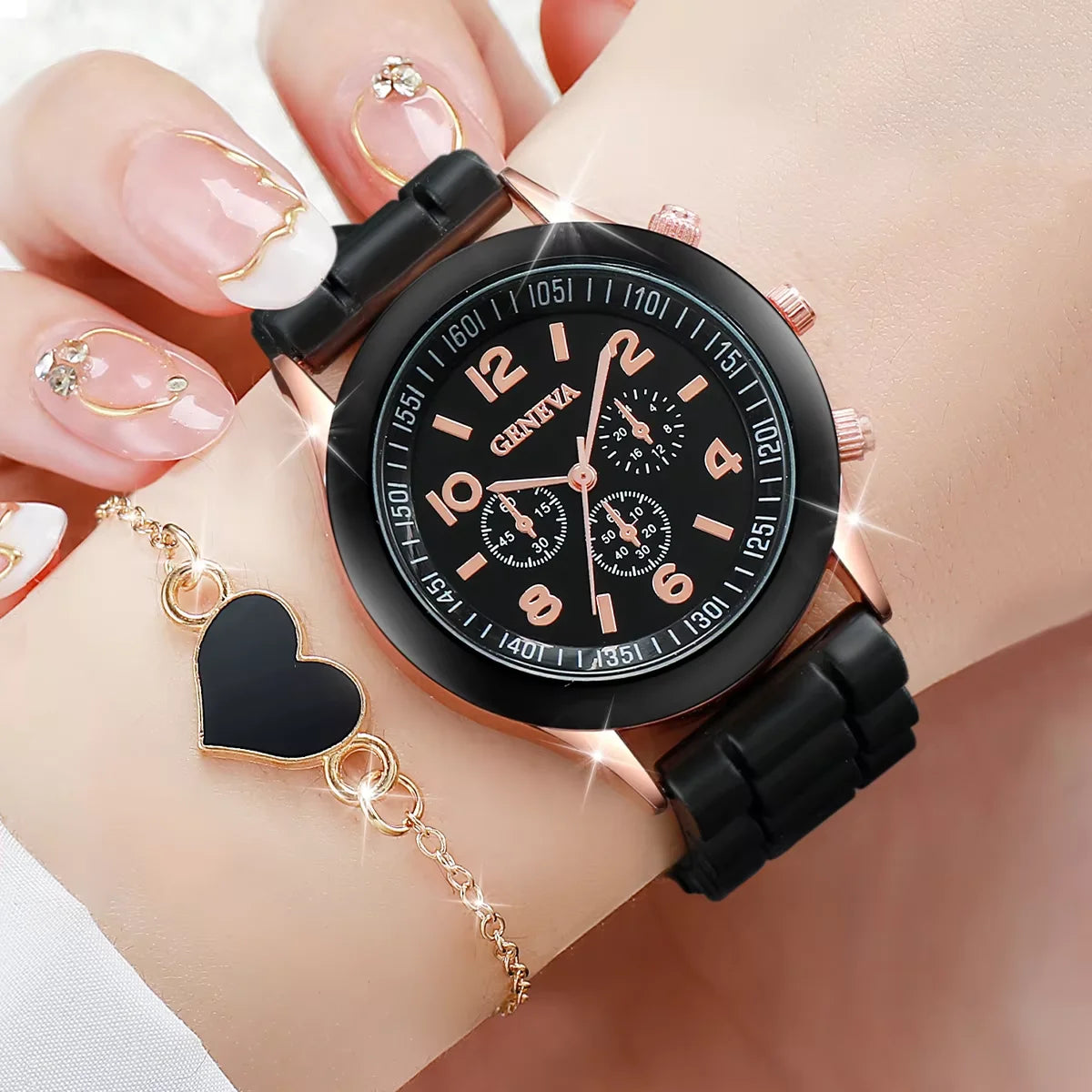 TaraStore🅣🅢 4pcs/set Womens Watches Fashion Analog Quartz Silicone Band Classic Ladies Calendar Wrist Watches for Women along with Heart Jewelry Set