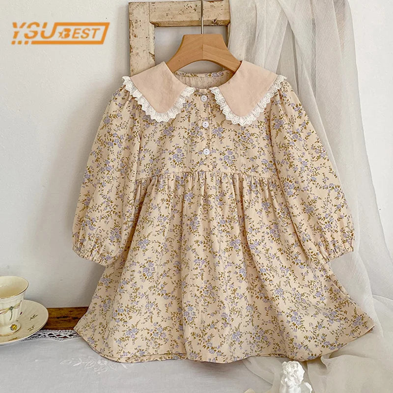 TaraStore🅣🅢 Bear Leader Girls Flower Dress Girls Autumn Clothing Fashion 2023 Lace Turn-down Floral Princess Dress Kids Casual Fall Clothes