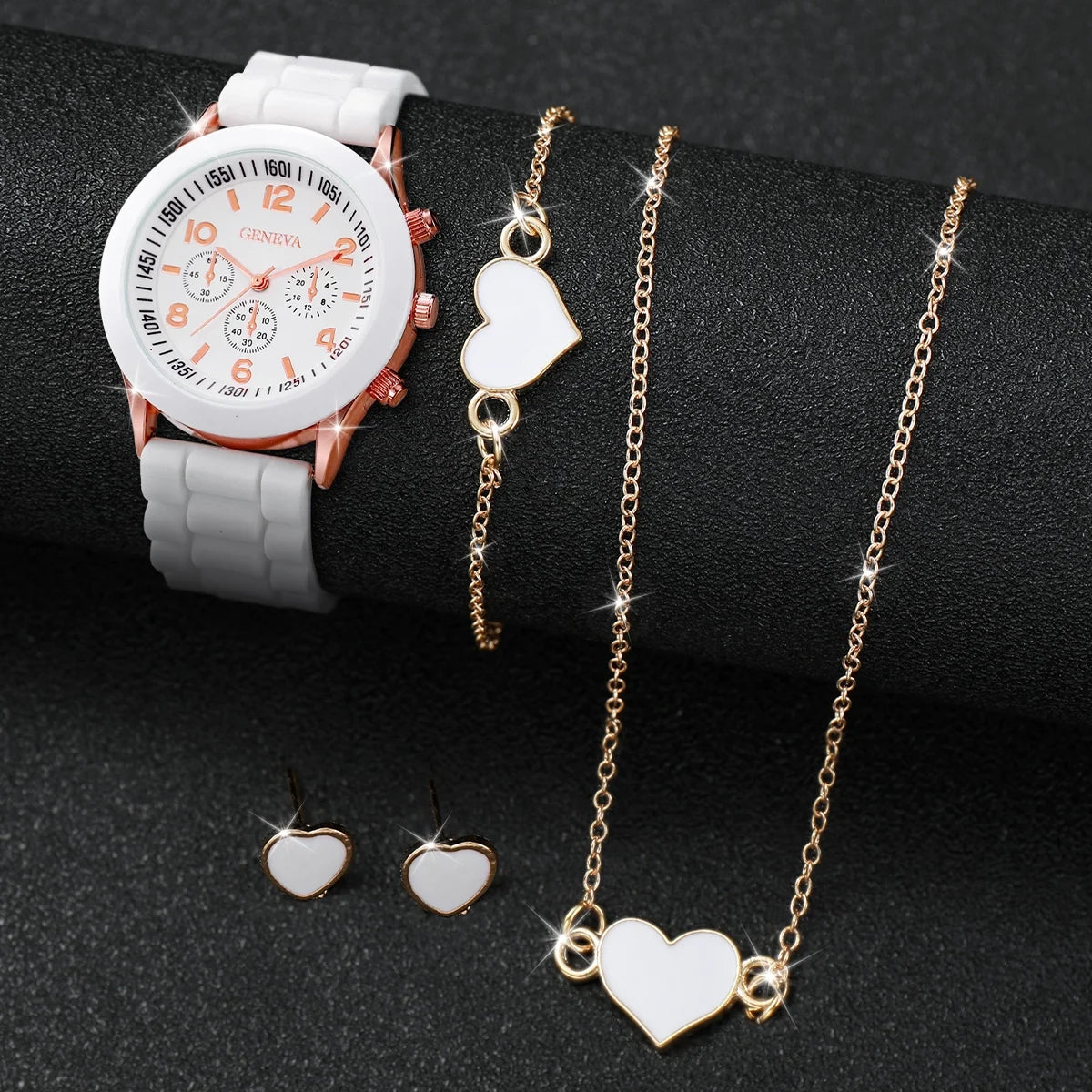 TaraStore🅣🅢 4pcs/set Womens Watches Fashion Analog Quartz Silicone Band Classic Ladies Calendar Wrist Watches for Women along with Heart Jewelry Set