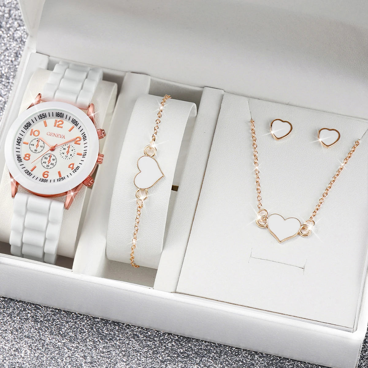 TaraStore🅣🅢 4pcs/set Womens Watches Fashion Analog Quartz Silicone Band Classic Ladies Calendar Wrist Watches for Women along with Heart Jewelry Set