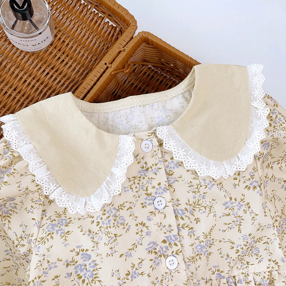 TaraStore🅣🅢 Bear Leader Girls Flower Dress Girls Autumn Clothing Fashion 2023 Lace Turn-down Floral Princess Dress Kids Casual Fall Clothes