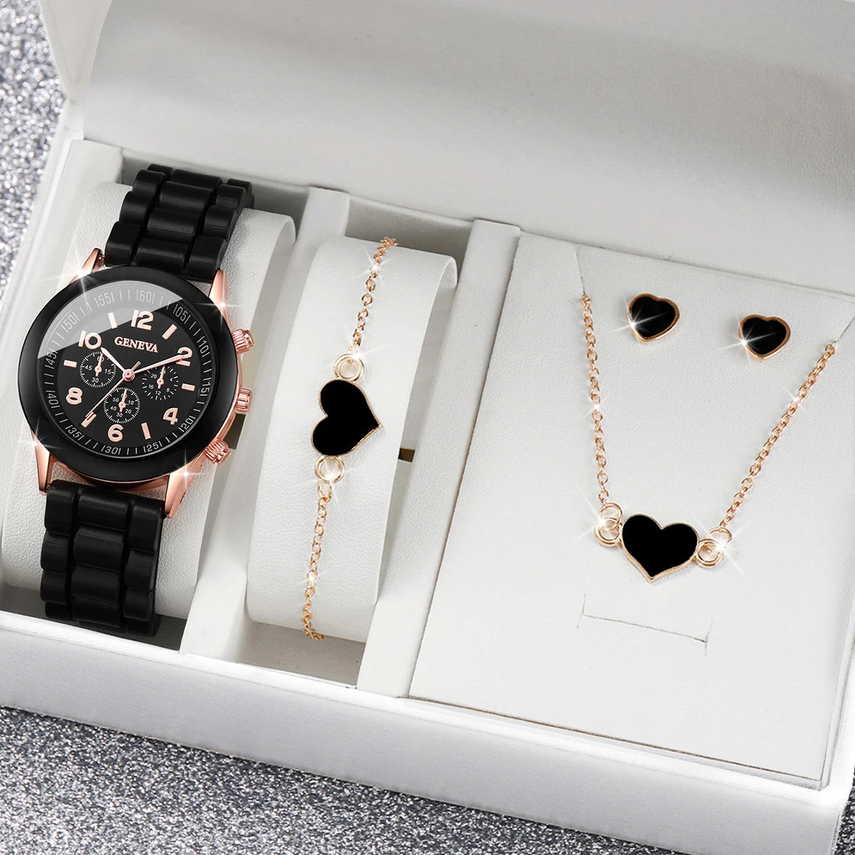 TaraStore🅣🅢 4pcs/set Womens Watches Fashion Analog Quartz Silicone Band Classic Ladies Calendar Wrist Watches for Women along with Heart Jewelry Set