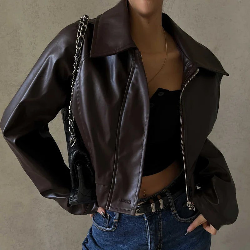 TaraStore🅣🅢 Autumn Faux Leather Short Jacket Turn-down Collar Fashion Casual Coats