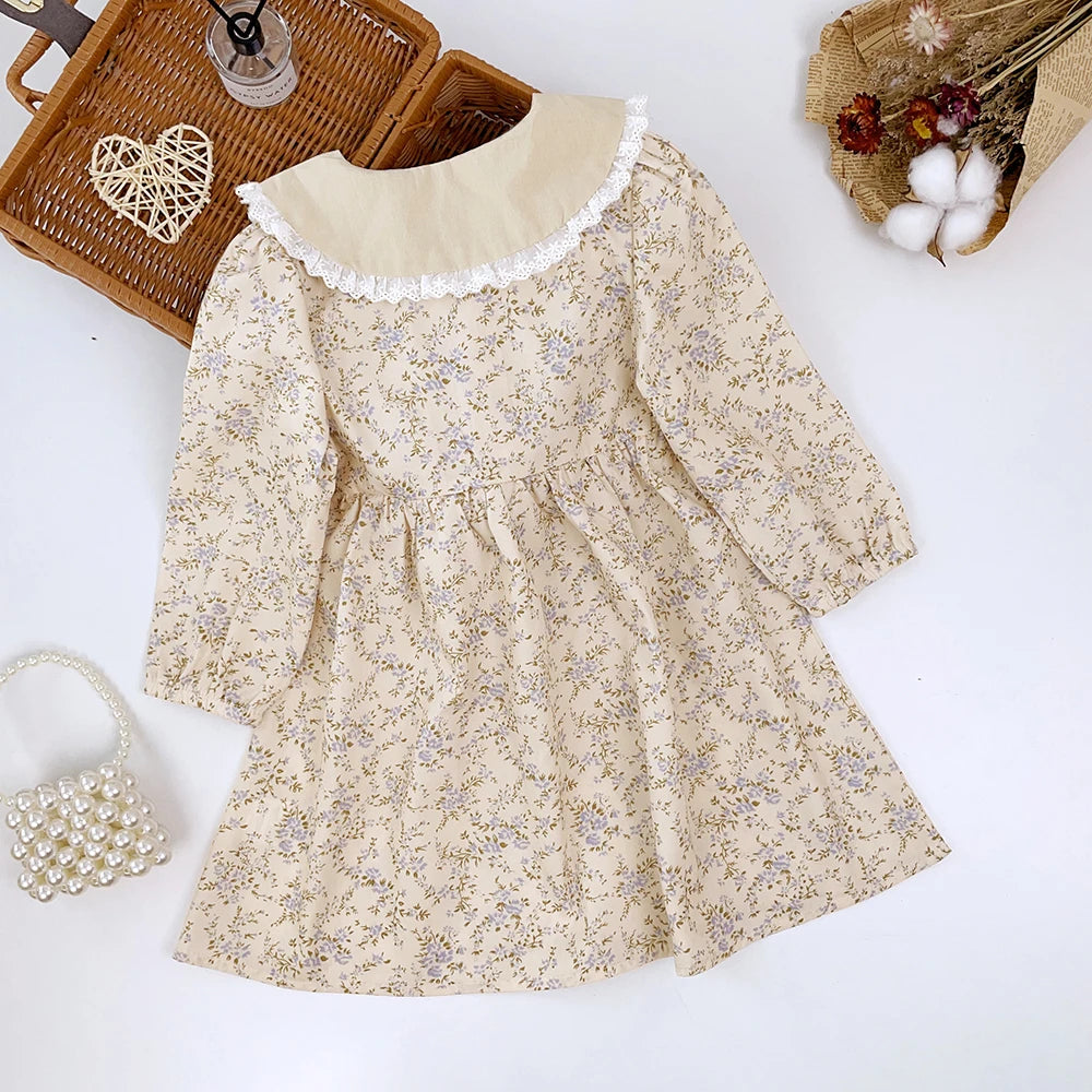 TaraStore🅣🅢 Bear Leader Girls Flower Dress Girls Autumn Clothing Fashion 2023 Lace Turn-down Floral Princess Dress Kids Casual Fall Clothes