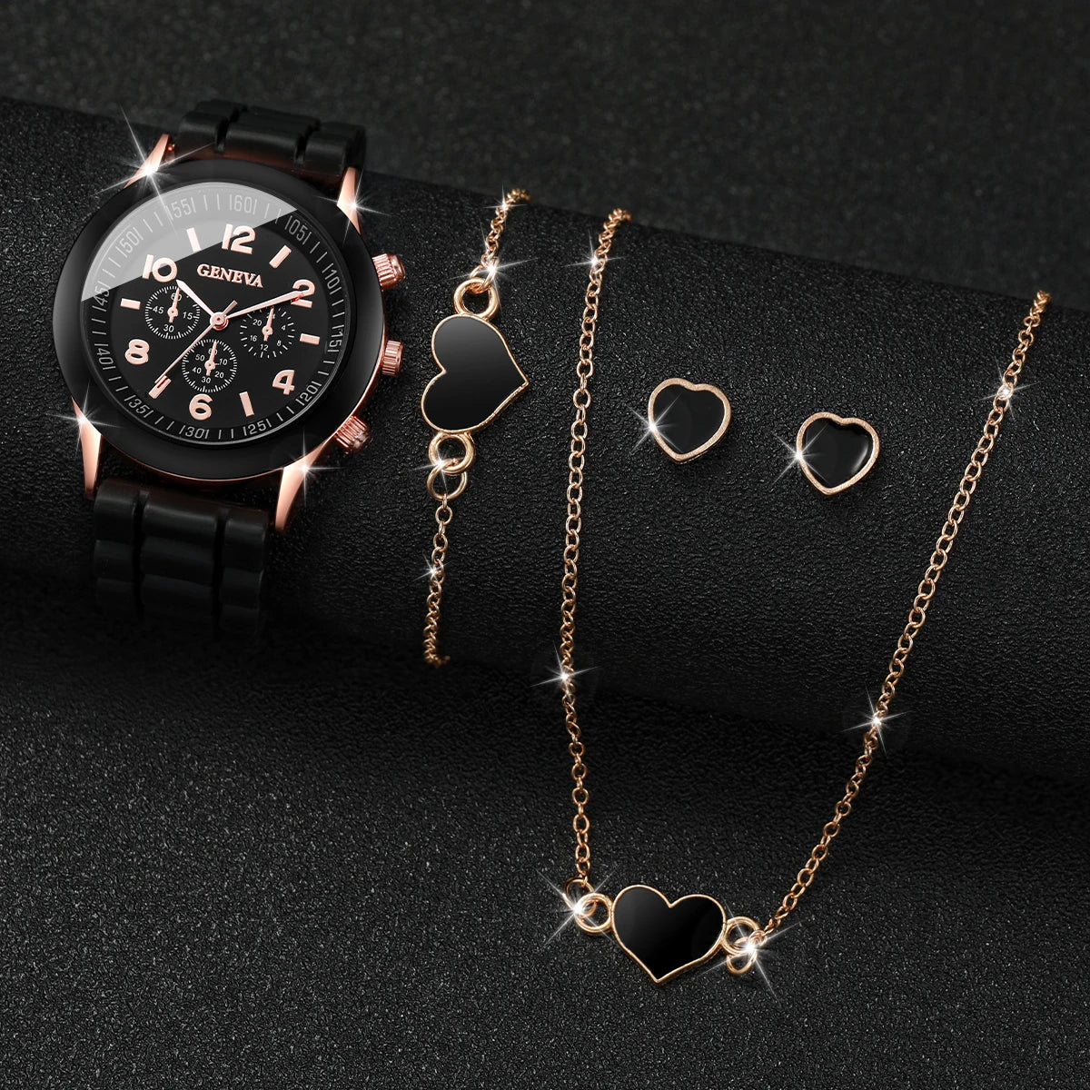 TaraStore🅣🅢 4pcs/set Womens Watches Fashion Analog Quartz Silicone Band Classic Ladies Calendar Wrist Watches for Women along with Heart Jewelry Set