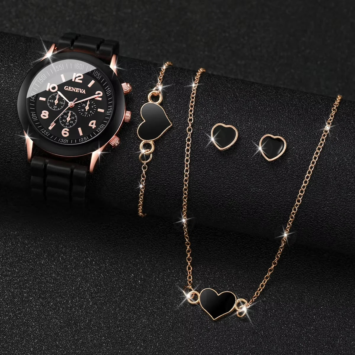 TaraStore🅣🅢 4pcs/set Womens Watches Fashion Analog Quartz Silicone Band Classic Ladies Calendar Wrist Watches for Women along with Heart Jewelry Set