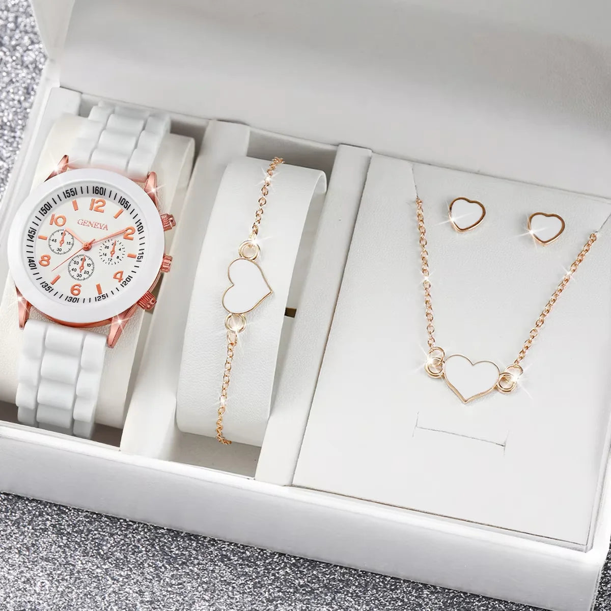 TaraStore🅣🅢 4pcs/set Womens Watches Fashion Analog Quartz Silicone Band Classic Ladies Calendar Wrist Watches for Women along with Heart Jewelry Set