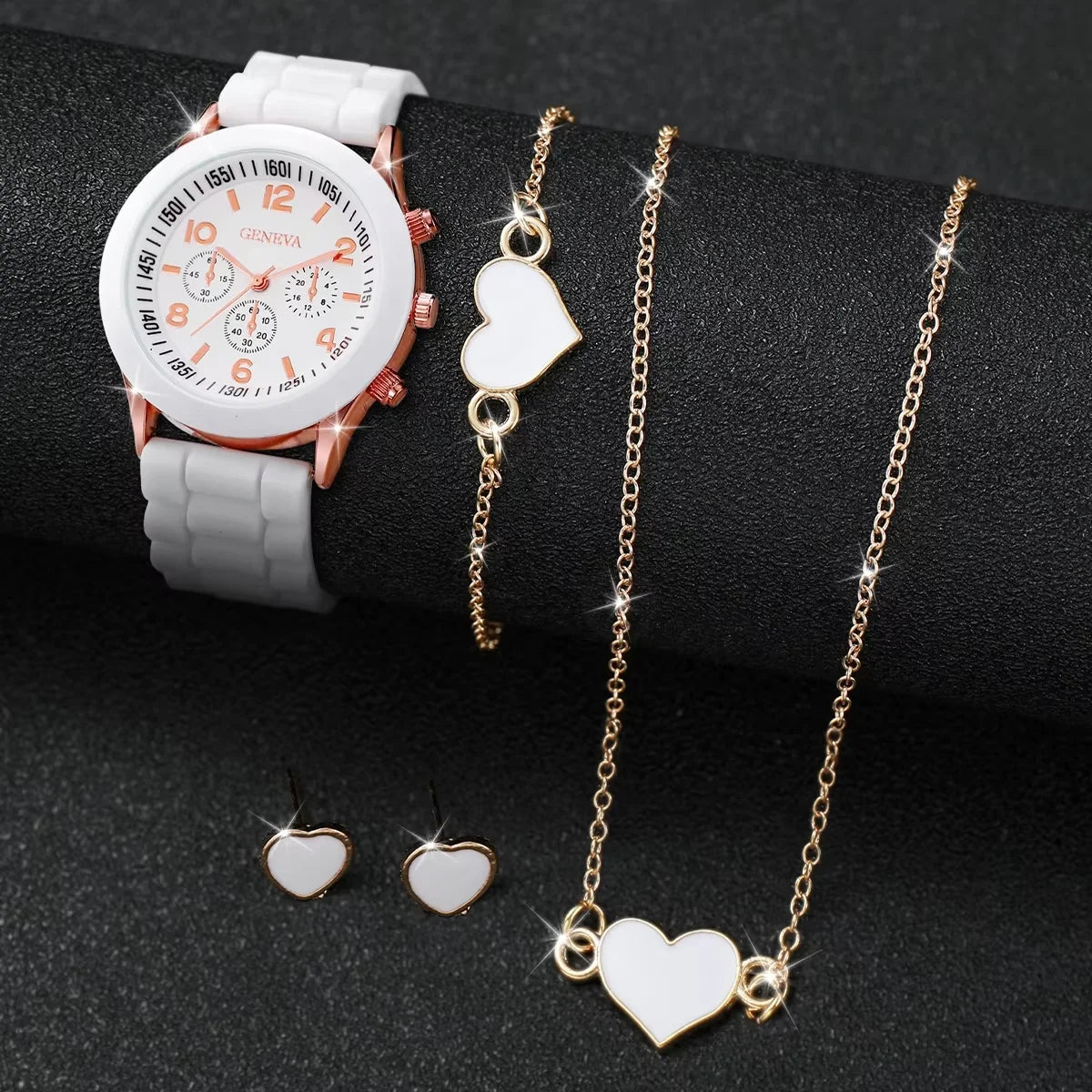 TaraStore🅣🅢 4pcs/set Womens Watches Fashion Analog Quartz Silicone Band Classic Ladies Calendar Wrist Watches for Women along with Heart Jewelry Set