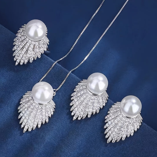 TaraStore🅣🅢  Leaf & Pearl Rhinestone Necklace and Earrings Jewelry Set