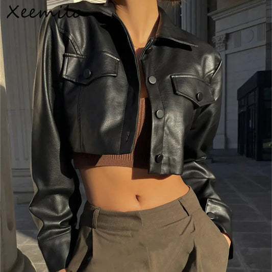 TaraStore🅣🅢 Autumn Faux Leather Short Jacket Turn-down Collar Fashion Casual Coats