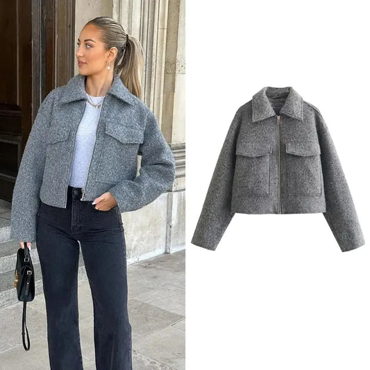 TaraStore🅣🅢 Autumn Winter Cropped Jacket for Women Short Coat Tweed Jacket Zip Crop Demi-season Jacket Woman New in outerwear