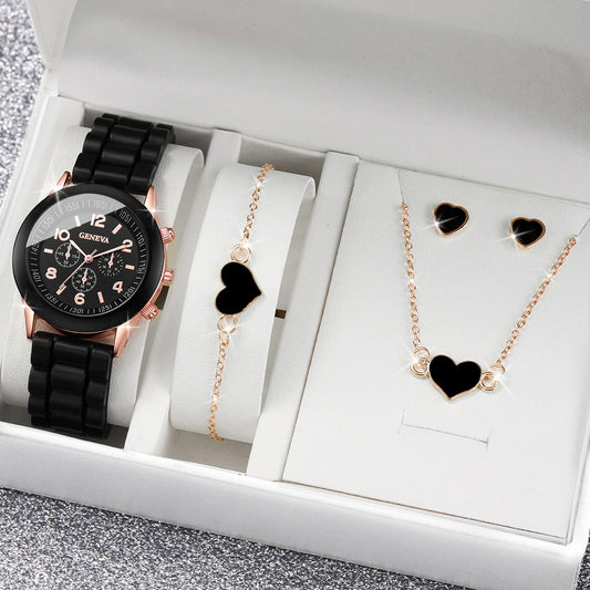 TaraStore🅣🅢 4pcs/set Womens Watches Fashion Analog Quartz Silicone Band  Classic Ladies Calendar Wrist Watches for Women along with Heart Jewelry Set