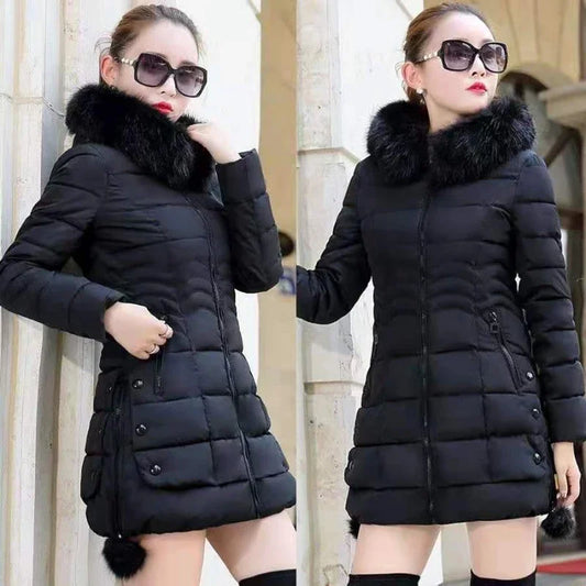 TaraStore🅣🅢  2023 Winter Women Jacket Parka Big Fur Collar Hooded Thick Warm Female Coat Casual Outwear European Fashion Black Female Tops