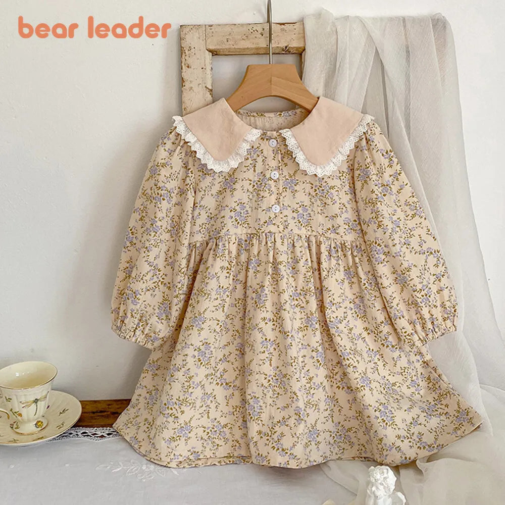 TaraStore🅣🅢 Bear Leader Girls Flower Dress Girls Autumn Clothing Fashion 2023 Lace Turn-down Floral Princess Dress Kids Casual Fall Clothes