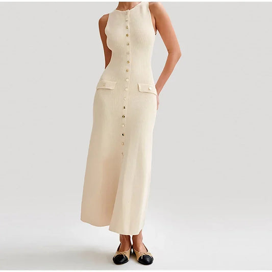 TaraStore🅣🅢  Elegant Lady Knitted Single Breasted  Women Solid Sleeveless O Neck Button   Long Dress