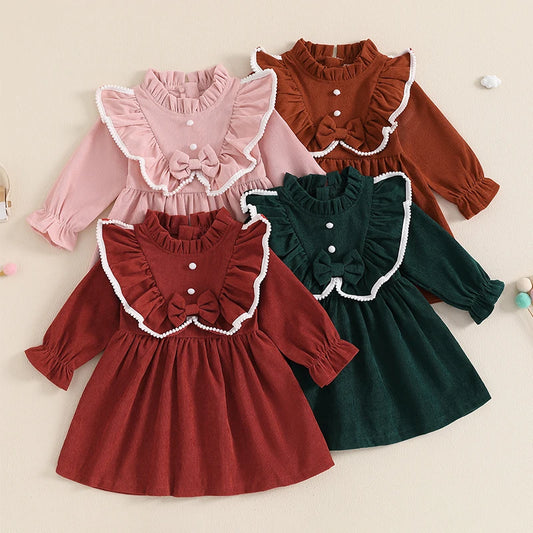 TaraStore🅣🅢 Children's Clothing Kids Girls Princess Dresses Elegant Ruffles Long Sleeve Bowknot Party A-line Dress