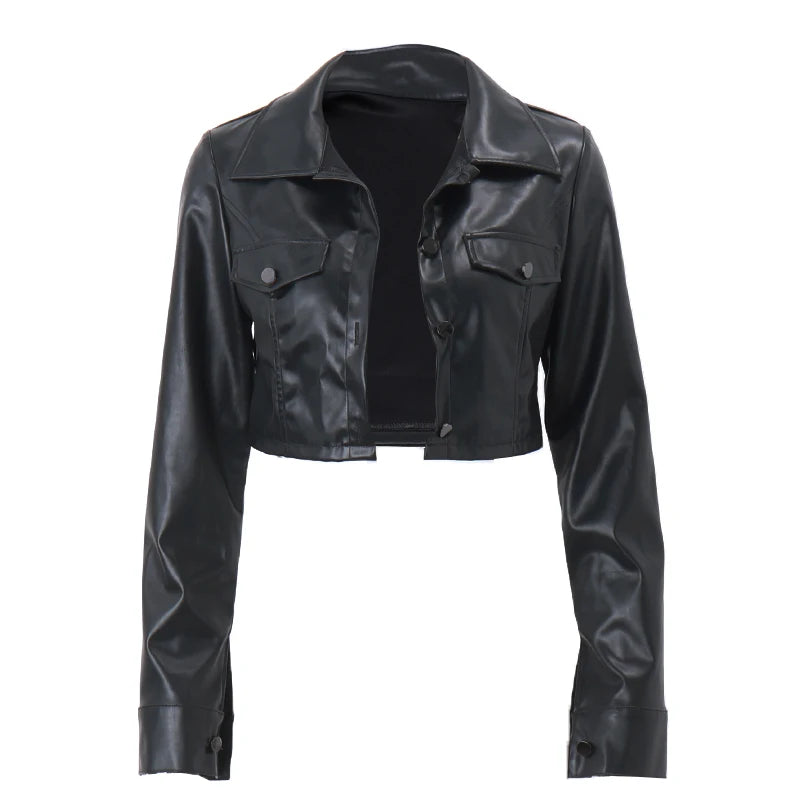 TaraStore🅣🅢 Autumn Faux Leather Short Jacket Turn-down Collar Fashion Casual Coats