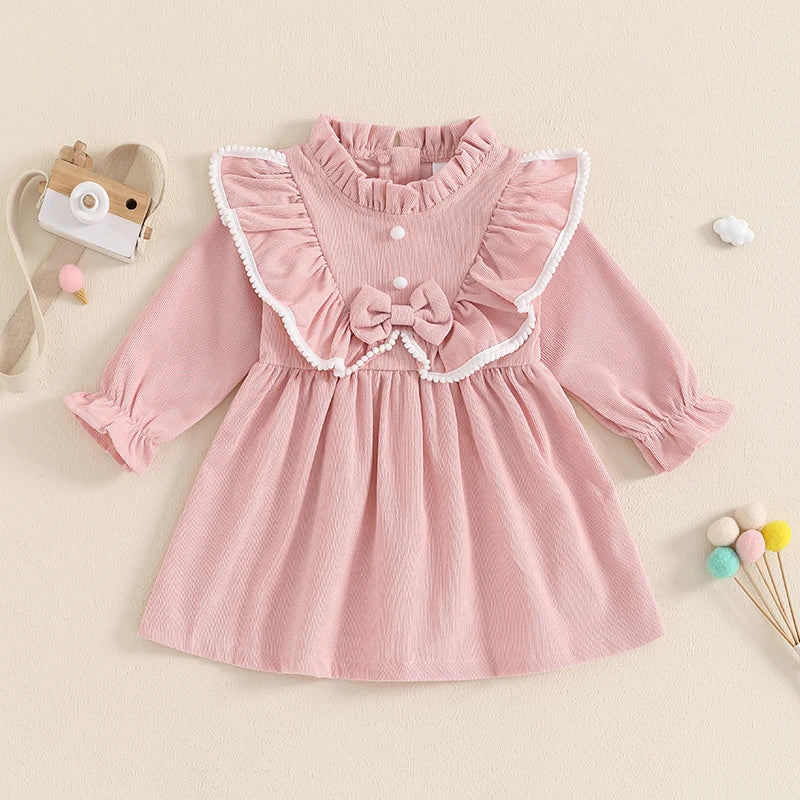 TaraStore🅣🅢 Children's Clothing Kids Girls Princess Dresses Elegant Ruffles Long Sleeve Bowknot Party A-line Dress