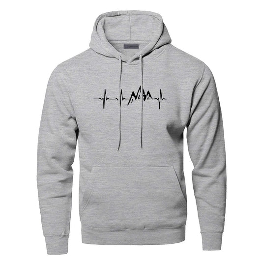 TaraStore🅣🅢  Men's Mountain Heartbeat Print Hoodies Sweatshirt Spring Autumn Long Sleeve Hooded Sweatshirt Black Gray Hoodie Sportswear